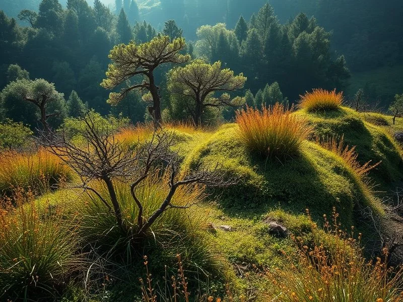 Abstract illustration of tree growth rings interwoven with minimalist icons representing discovery and conservation